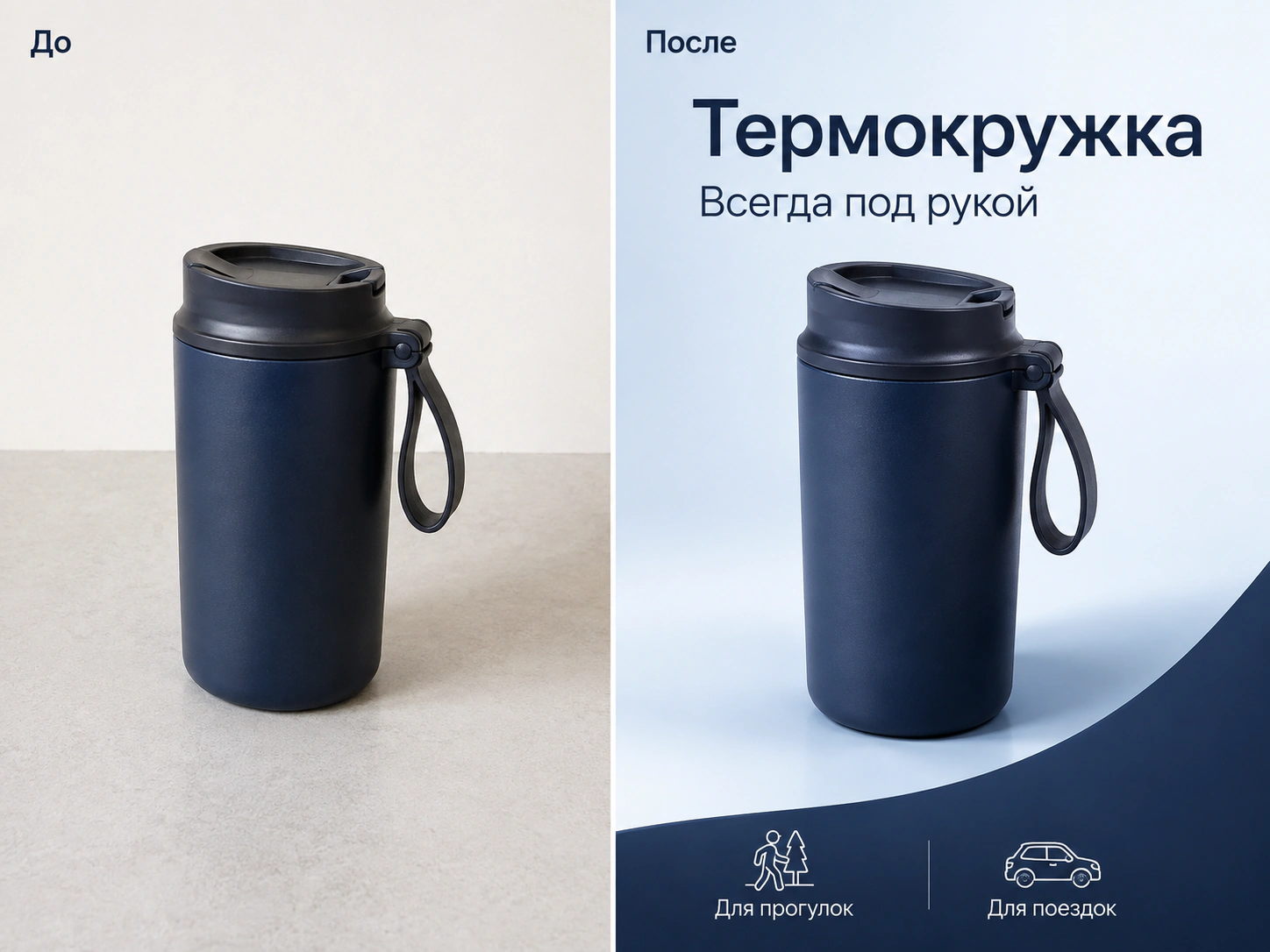 До и после оформления: обычное фото термокружки и товарная карточка с заголовком и подписями.